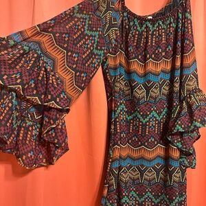 Boho Bell-Sleeve Long Sleeve Dress in Multicolor